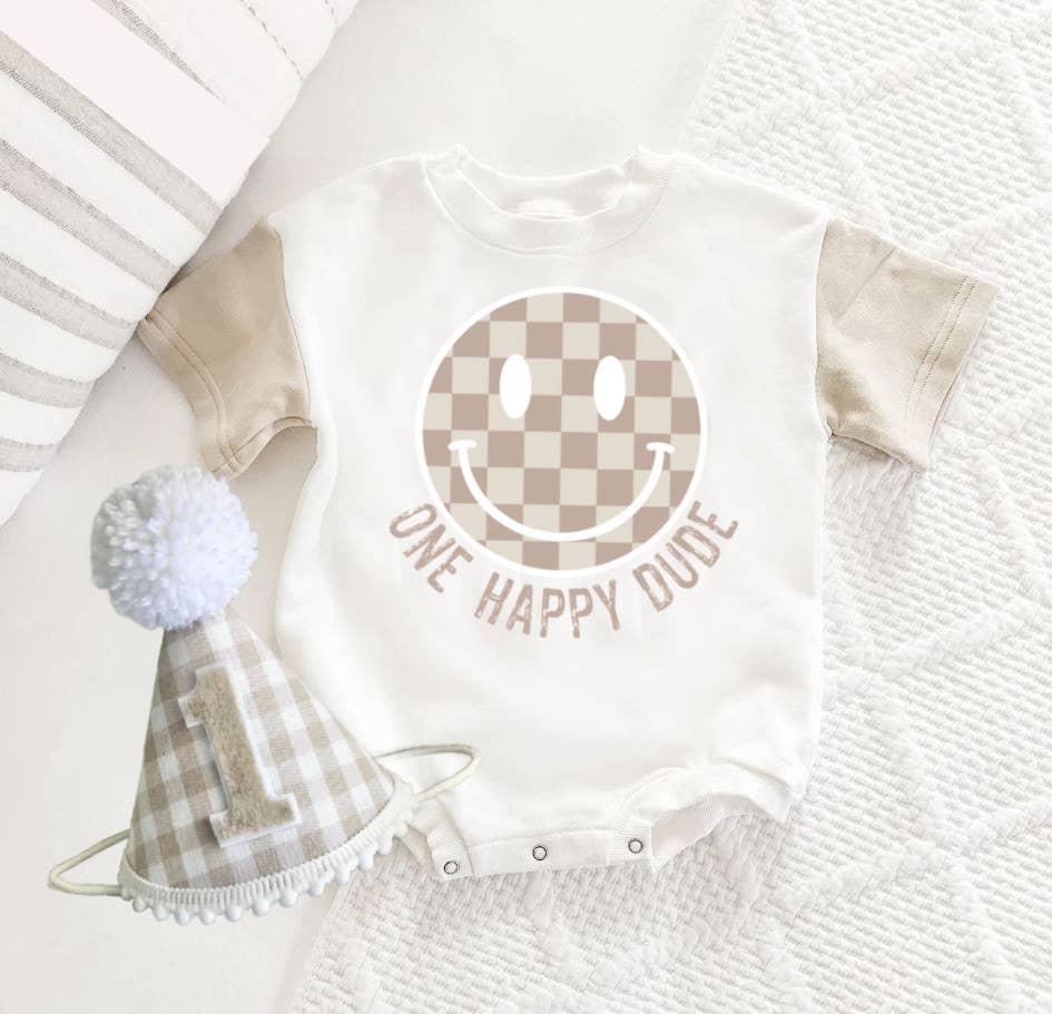1st Birthday Tan Check One Happy Birthday Bubble Romper