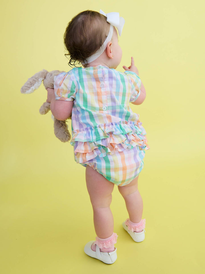 Baby Girls Poppy Rainbow Plaid Stripe Puff Sleeve Smocked Romper