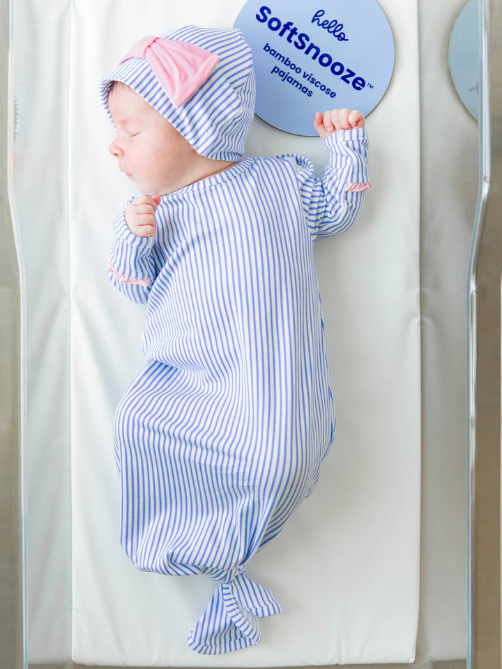 Baby Girls Periwinkle & White Micro Stripe Bamboo Viscose Ruffle Knotted Sleep Gown & Hat Set