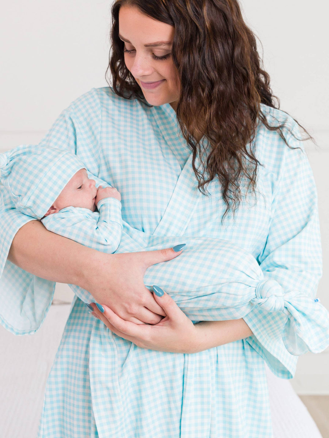 Baby Blue Breeze Gingham Modal Blend Knotted Sleep Gown & Hat Set