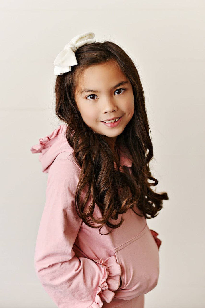 Kids Dusty Pink Hooded Ruffle Pocket Fall Winter Lounge Set
