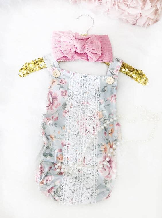 Baby Girl Vintage Green Floral Ruffle Bum Romper