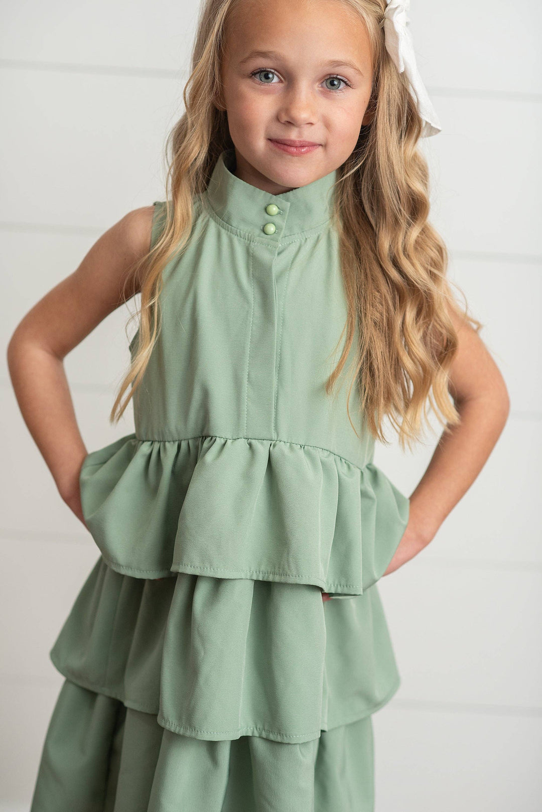 Girls Mint Ruffle Layered High Neck Summer Dress