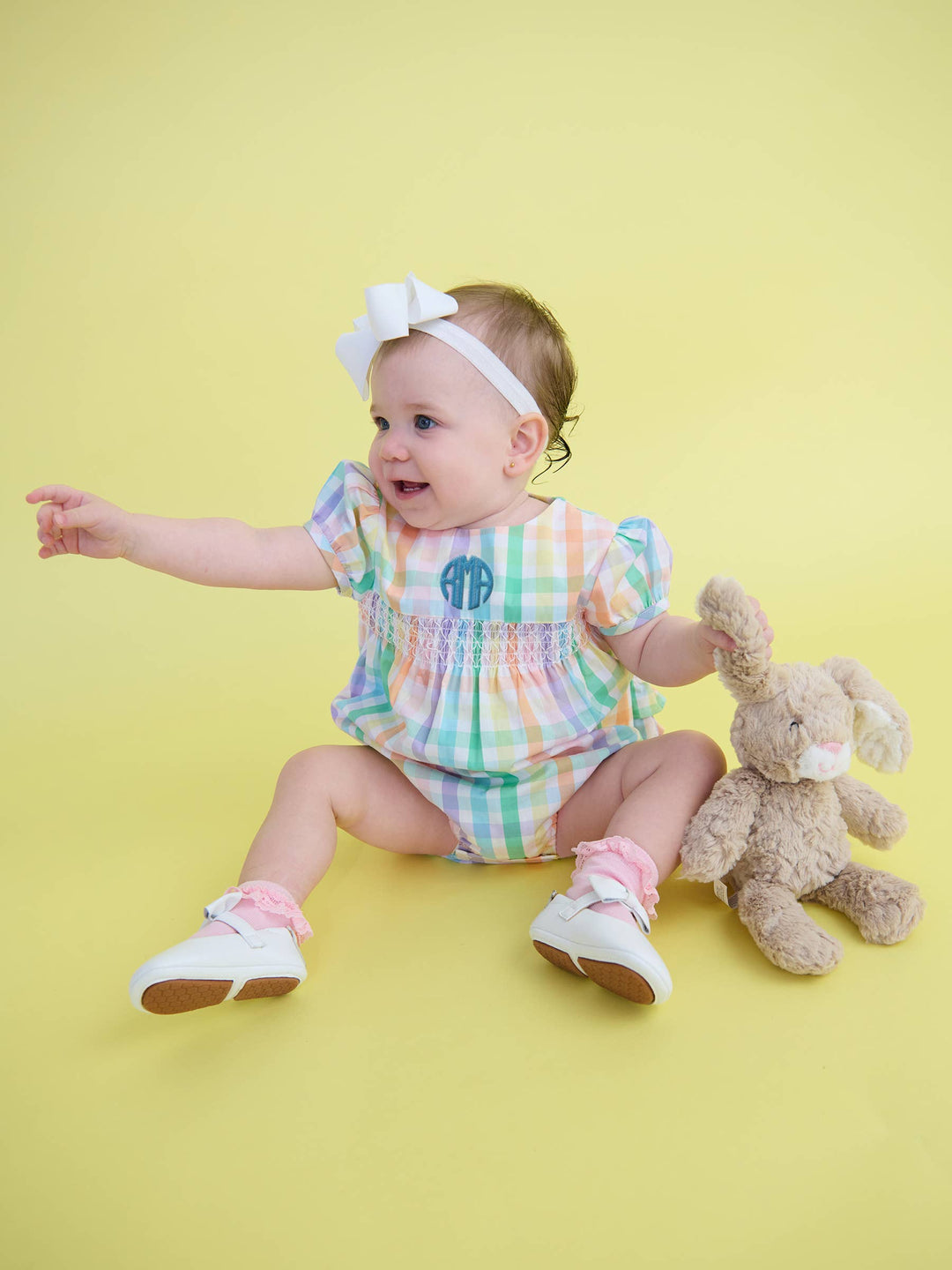 Baby Girls Poppy Rainbow Plaid Stripe Puff Sleeve Smocked Romper