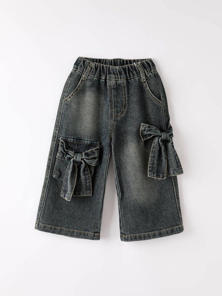 Girls Bow Stretch Wide-Leg Jeans No Belt