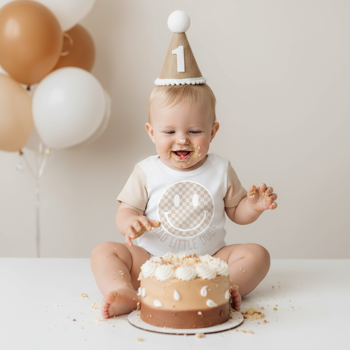 1st Birthday Tan Check One Happy Birthday Bubble Romper
