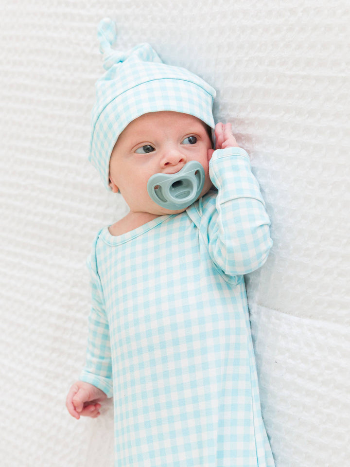 Baby Blue Breeze Gingham Modal Blend Knotted Sleep Gown & Hat Set